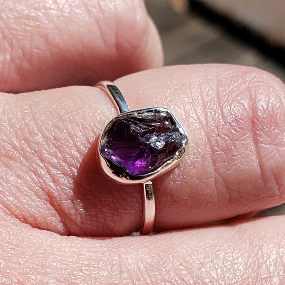 Rough Amethyst Natural Stone Ring - Solid 925 Sil… - image 1